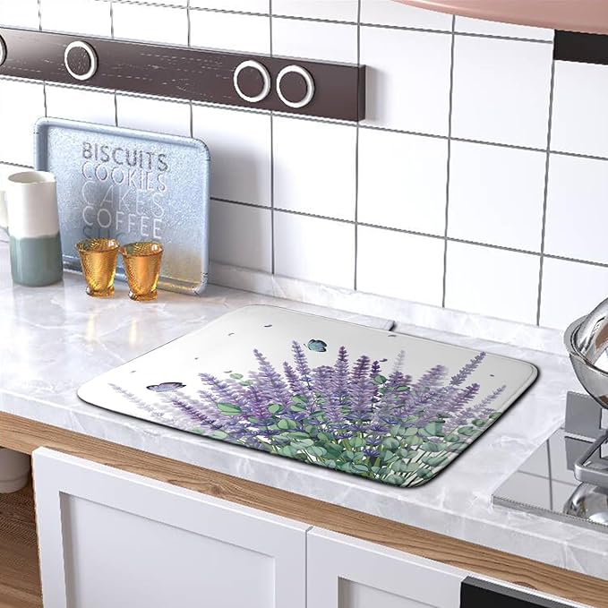Kwlegh Purple Lavender Dish Drying Mat for Kitchen Counter Spring Summer Floral Microfiber Dish Drainer Mats Green Leaves Butterfly Absorbent Reversible Dish Drainer Rack Mat 16x18 Inch
