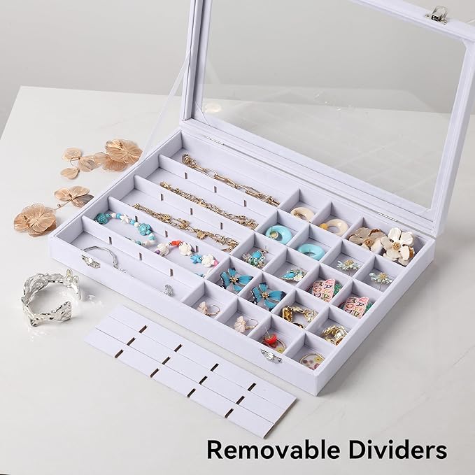 Frebeauty 40 Grid Jewelry Tray,Adjustable Earring Holder Organizer with Glass Lid,Velvet Drawer Jewelry Organizer for Rings,Studs,13.8 x 9.5 x 2 Inches Jewelry Display Box,Gift for Women(White)