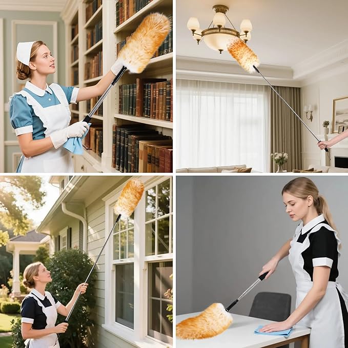 FeelfunFeather Lambswool Extendable Duster,67.7Inch Telescoping Feather Dusters with Stainless Steel Extension Pole for Cleaning High Ceiling Fan, High Ceilings,Furniture