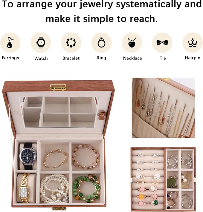 Homeanda Jewelry Box with Mirror Travel Jewelry Organizer 2 Layer Large Jewelry Storage Case Waterproof PU Leather Storage for Women Girls (Brown)