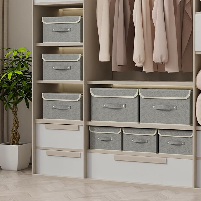 Fabric Storage Bins Cube Organizers with Flip-Top Lid and Handles,Storage Boxes for Organizing Home,Office,and Closet,Grey,5 Pack 10.2 X 7.9 X 6.7 in