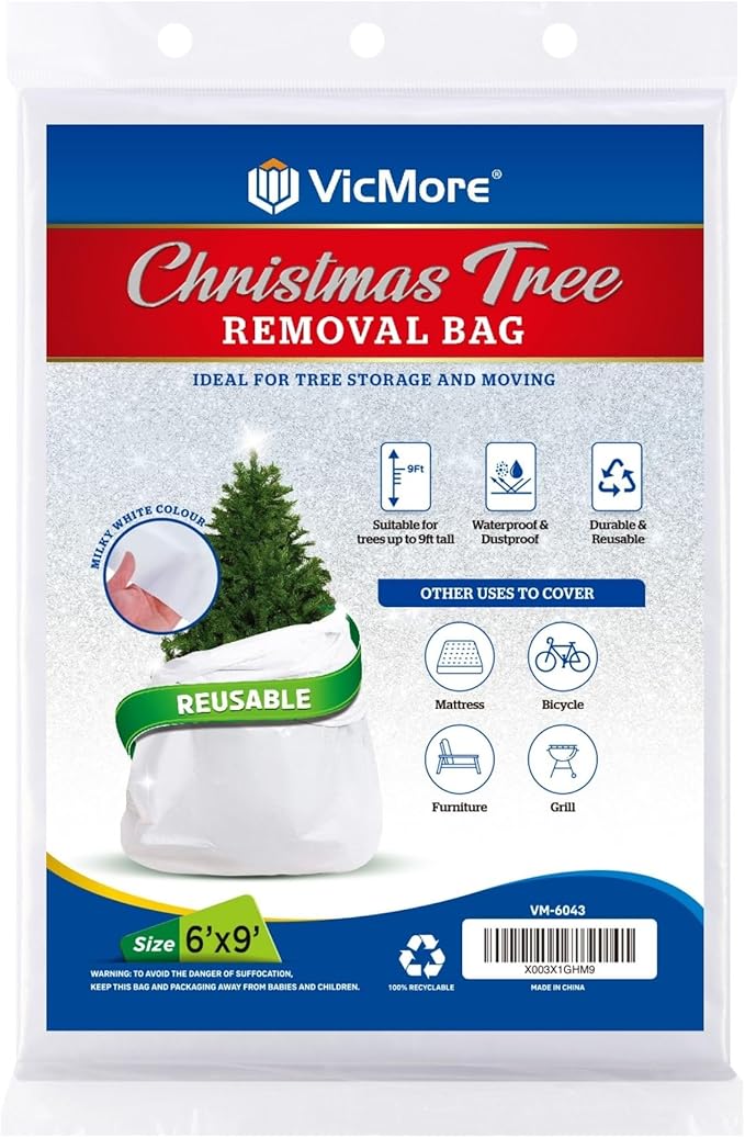 VicMore Christmas Tree Disposal Bag 9ft x 6ft White - Heavy-Duty Polyethylene Storage Cover