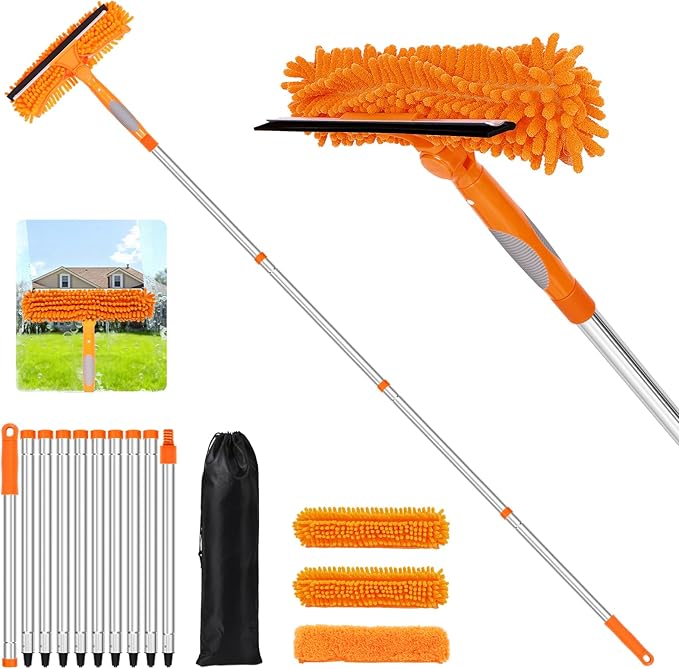 152'' Window Cleaning Kit, 2 in 1 Window Squeegee with Extension Poles, Window Cleaner Tools for Indoor/Outdoor High Window, Car, Glass