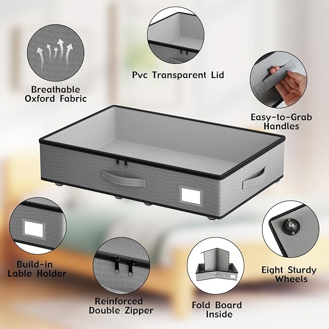 EE-RoomWorld Under Bed Storage with Wheels, No Assemble Required 5.5 inches height grey under bed storage bins,Low Profile Rolling Underbed Shoe Storage containers，dorm underbed storage drawers