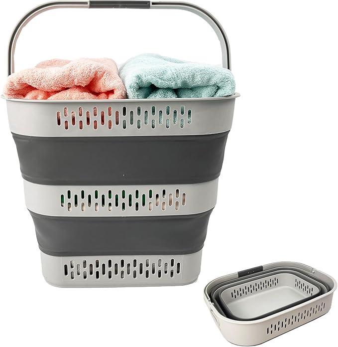 SAMMART 38L(10 Gal) Collapsible Laundry Basket - Foldable Pop-Up Storage Container/Organizer-Portable Space Saving Hamper, Measure 17.5x13.3x15.7/3.8" Expanded/Collapsed (1, Grey)