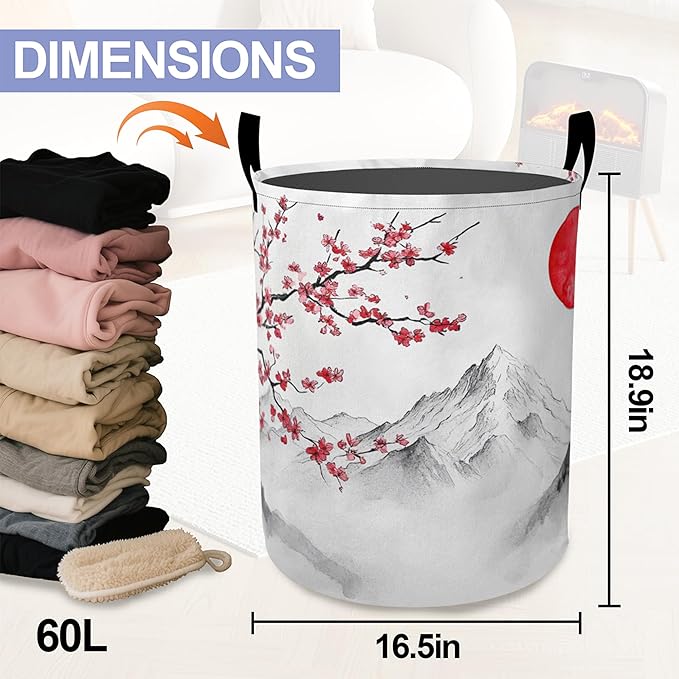 Japan Fuji Mountain Laundry Basket, Cherry Oxford Cloth Laundry Hamper With Handle Foldable Portable Clothes Storage Basket Storage Bag For Laundry Room/Bathroom/Bedroom/Dormitories