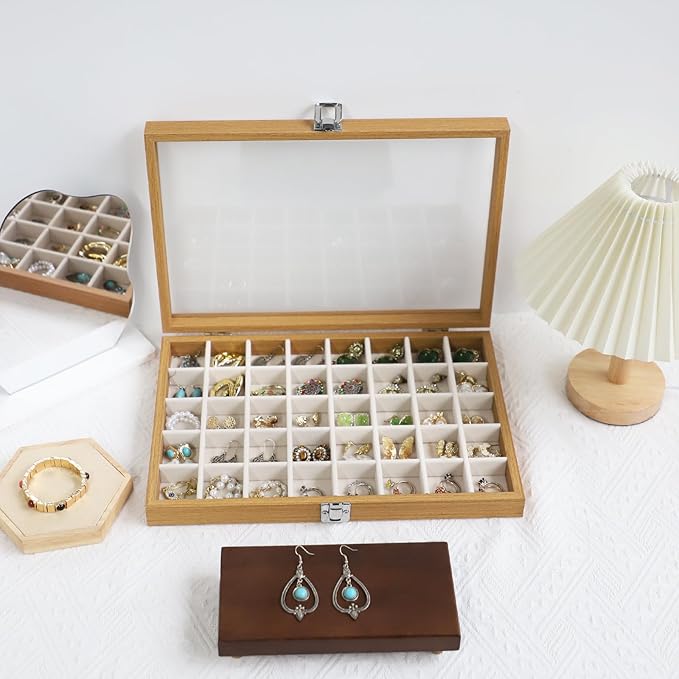 Stratalife Jewelry Organizer 40 Grid Jewelry Trays with Clear Lid Wood Earring Organizer Ring Holder Accessories Box Necklaces Earrings Storage for Women Drawers Vintage Style Beige