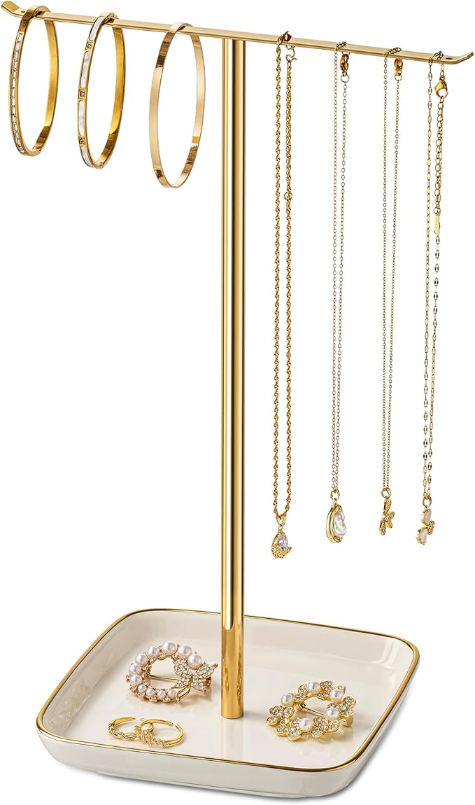 pickpiff Necklace Holder Stand with Ceramic Base: 12" Jewelry Tree Display Organizer for Necklaces, Bracelets, Rings, Earrings, Tall Gold Stand for Women, Aesthetic Room Décor