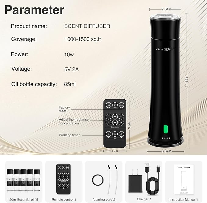 Hotel Scent Diffuser Starter Kit - 1500 Sq Ft Coverage, Premium Plastic Essential Oil Diffuser, Waterless Diffuser for Home, Hotel, Office, 5 Scent Essential Oils Included, Large Room, Black, 11In