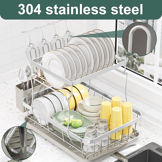 LIYI Dish Drying Rack,Large Dish Rack for Kitchen Counter,2-Tier Dish Racks with draining Tray,Detachable Capacity Dish Drainer Organizer,Grey