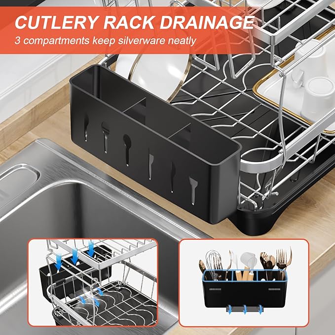 HOMEAILIE 2-Tier Dish Drying Rack for Kitchen Counter, 304 Stainless Steel with Adjustable Drainboard, Removable Utensil Holder & Water Filter Tray, Black