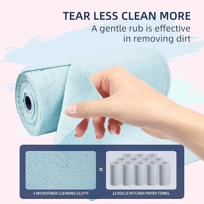 & PLUSH Microfiber Cleaning Cloth Roll - 70 Pack, Tear Away Microfiber Towels, 12" x 12", Reusable, Washable, Streak Free, Ultra Absorbent Dish Rags for Car, Home, Garage or Shop (Pink and Blue)
