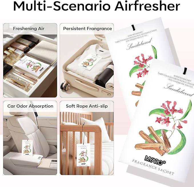 MYARO Scented Sachet House Air Freshener - 12 Pack Long Lasting Sandalwood Fragrance Deodorizer for Home Closet Drawer Car