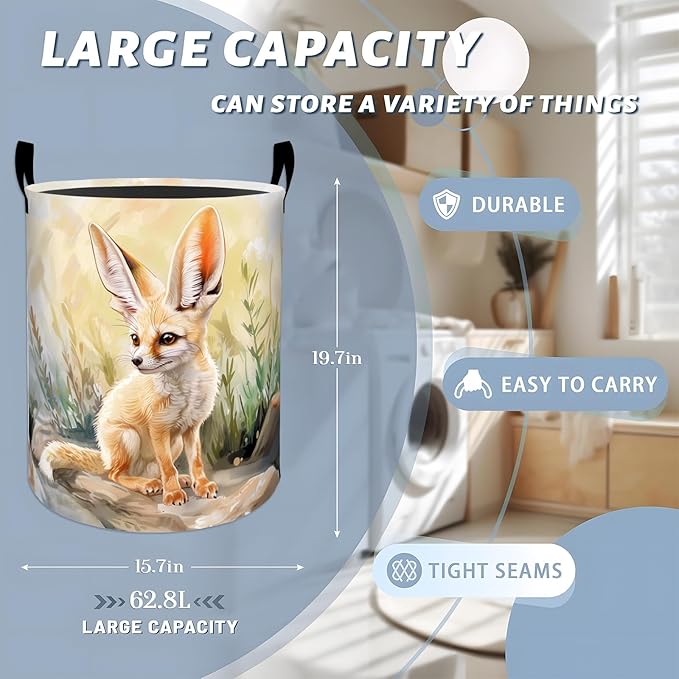 Cute Fennec Fox in Desert Laundry Basket with Handles, 19.7"x15.7" Clothes Foldable Laundry Hamper Organizer for Dorm Nursery Bedroom Bathroom Decor, Toy Storage Bin for Kids
