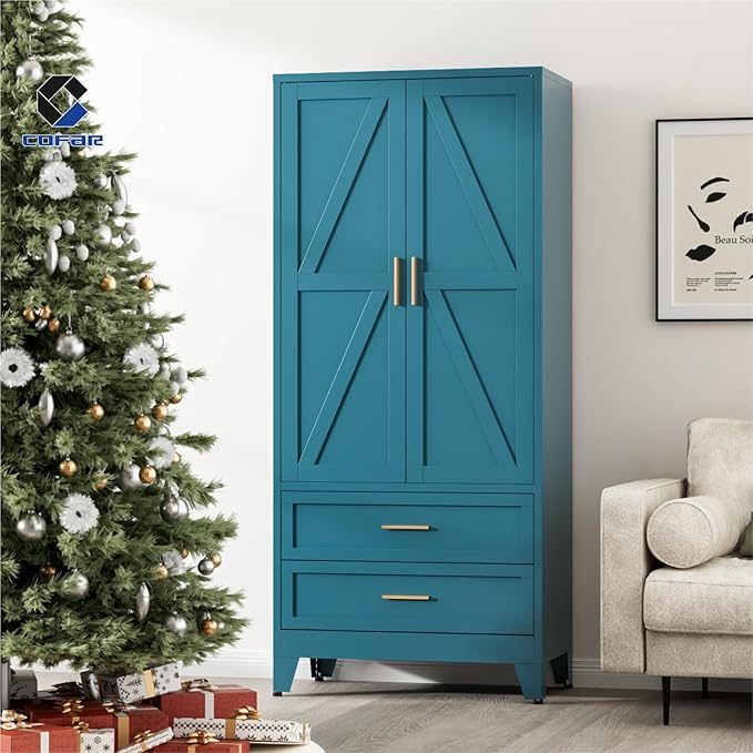 COFaR Metal Wardrobe Closet with Doors, 71'' Tall Farmhouse Bedroom Armoires with Drawers and Hanging Rod, Freestanding Steel Wardrobe Cabinet Coat Closet for Bedroom Home Office Garage, Peacock Blue