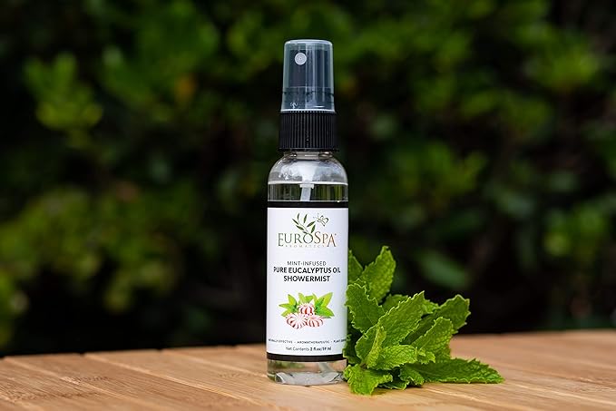 EuroSpa Aromatics Pure Eucalyptus Oil ShowerMist and Steam Room Spray, All-Natural Premium Aromatherapy Essential Oils - Mint Infused, 2oz, 2 Pack