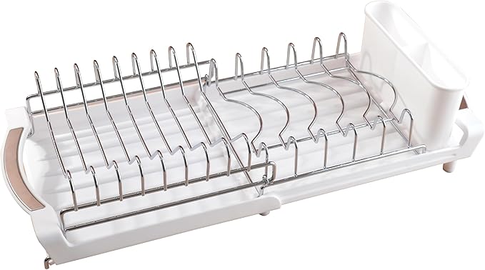 Dish Drying Rack Compact Expandable - A Space-Saving, Stainless Steel, Rust-Resistant Dish Drainer for Kitchen and Apartment Countertops/Sink Cabinets, Extendable from 11.42 to 19.9 inches (White)