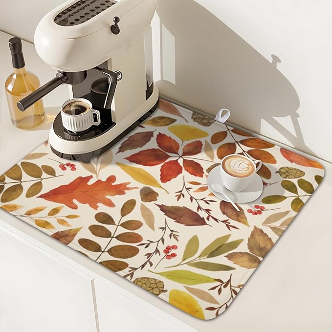 Fall Dish Drying Mat for Kitchen Counter 18x16 Inch Watercolor Autumn Maple Leaf Drying Mat with Absorbent Reversible Microfiber Dish Drainer Mats Rack Pad for Coffee Bar Countertop Protector