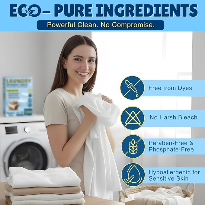Eco-Friendly Laundry Detergent Sheets, 100 Loads (50 Sheets) Fragrance Free, Gentle & Concentrated Washer Sheet Detergent, Plastic-Free Laundry Sheet for Travel and Home