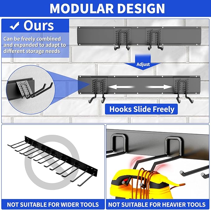 CRXCRC Garden Tool Organizer Wall Mount, 48inch Heavy Duty Garden Tool organizer Storage System, Easy Install With 7 Adjustable Hooks, For Garage, Basement, Shed, Workshop(Black)