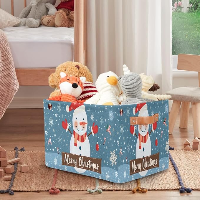 Storage Baskets Bin, Christmas Winter Snowman Collapsible Canvas Fabric Storage Bin Decorative Baskets Toy Organizer Rectangle Storage Boxes with Handles for Home Shelves Nursery, J-025