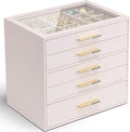 Vlando 5 Layer Jewelry Box for Women, Glass Lid Jewelry Organizer with 5 Drawers for Necklaces Rings Earrings Bracelets - Light Pink