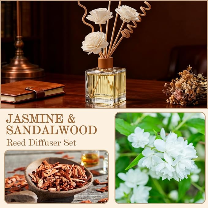 Jasmine & Sandalwood Reed Diffuser Set-6.7 oz Glass Bottle with 4 Rattan Sticks,3 Dried Flowers,Adjustable,Long-Lasting Scent for Home,Bedroom,Living Room,Office,Bathroom,Aromatherapy Gift Set