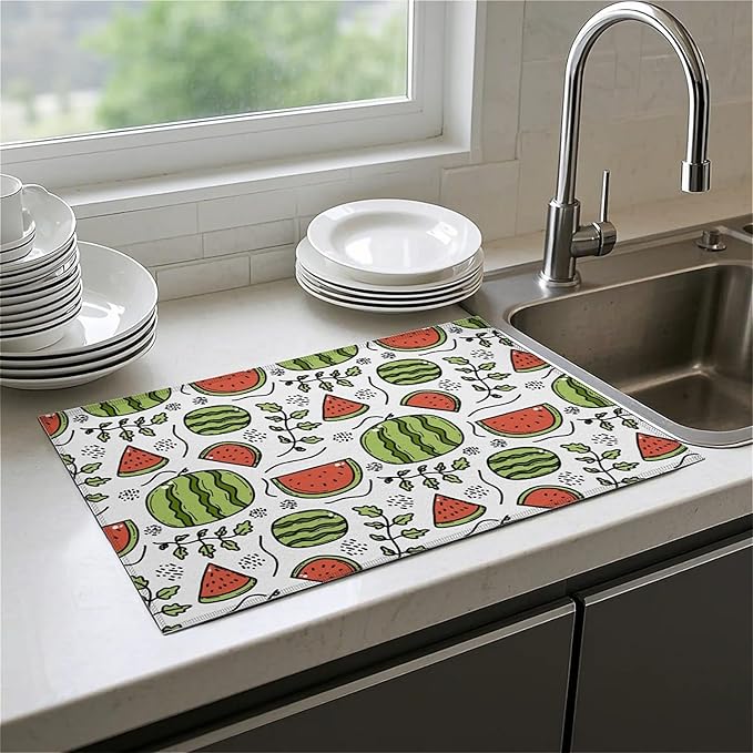 Dish Drying Mat For Kitchen Counter, Cute Watermelon Microfiber Absorbent Dish Drainer Rack Pad Reusable Large 18x24in Drying Mat