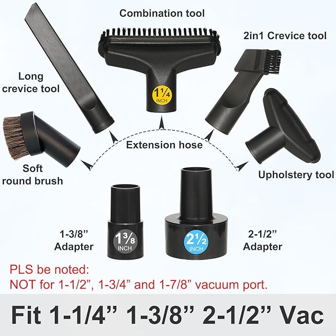 Kodahome Shop Vac Car Detailing Attachments (Soft Horsehair Dusting Brush Long Crevice Tool Nozzle Hose Adapter) for 1-1/4" 1-3/8" 2-1/2" Shopvac Wet Dry Vacuum Cleaner (Car Interior Kit B)