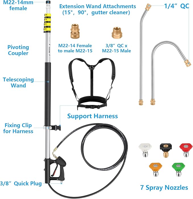 ExtraFein 24 FT Telescoping Pressure Washer Wand Extension, Hot Water Supported Power Washer Extension Wand with Brush Head, 5 Nozzle Tips, 2 Adapters, Harness, Gutter Cleaning Tools from The Ground