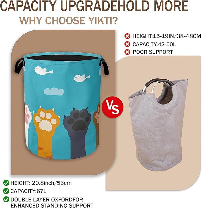 Cute Cat Paws Laundry Basket,Cartoon Birds Clothes Hamper,Oxford Cloth Collapsible Nursery Hamper Storage Organization for Bedroom,Bathroom,Office,College Dorms,16x20 Inch
