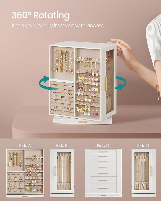 SONGMICS Jewelry Box 360° Rotating, Jewelry Storage Case with 7 Drawers, Jewelry Organizer, Glass Window, Spacious, Vertical Jewelry Storage, Open Design, Great Gift, Cloud White UJBC201W01