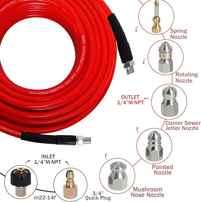 Zejoot Sewer Jetter Kit for Pressure Washer 50FT, 5800PSI Drain Cleaner Hose 1/4 Inch NPT Corner with 5 Sewer Jetting Nozzles，Waterproof Tape，Pearl Corsage Pin & 2 Spanners (Red)