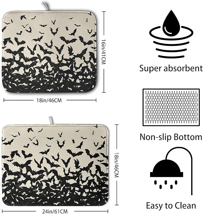 Kwlegh Halloween Bats Halloween Dish Drying Mat for Kitchen Counter 16x18 Inch Microfiber Absorbent Drying Mats Washable Dishes Drainer Mats Reusable Dish Rack Pad for Coffee Bar