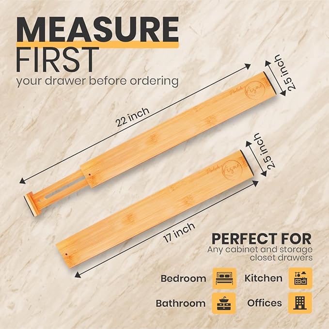Palok Kisna Adjustable Bamboo Drawer Dividers, Drawer Organizer for Kitchen, Bedroom, Bathroom, Office Desk, Dresser Nursery & Silverware, Natural Wooden Separators with Soft Foam Ends, Expandable