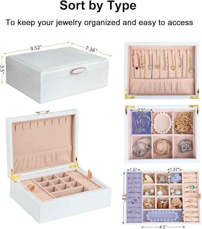 Small Jewelry Organizer for Women, 2-Layer Travel Jewelry Box with Portable Case, Necklace Ring Storage for Dresser, Girls Teens Gifts (White)