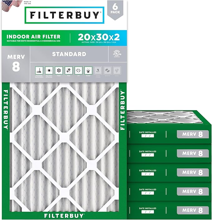 Filterbuy 20x30x2 Air Filter MERV 8 Essential Dust & Allergy Defense (6-Pack), Electrostatic Pleated HVAC AC Furnace Filters Replacement, Made in USA (Actual Size: 19.75 x 29.75 x 1.75)