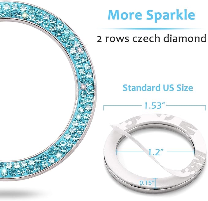 ToBeQueen Push to Start Button Ring Emblem Sticker 2Pcs Diamond Car Ring Stickers Rhinestone Car Accessories Interior for Women,Cute Car Decals Ignition Accessories Blue