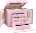 EnHomee Jewelry Box for Women, 5-Layer Large Jewelry Organizer with Mirror & 4 Drawers for Rings, Earrings, Necklaces, Bracelet Lockable Case with Lock (Pink + Gold)