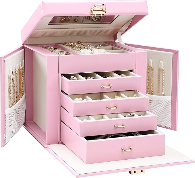 EnHomee Jewelry Box for Women, 5-Layer Large Jewelry Organizer with Mirror & 4 Drawers for Rings, Earrings, Necklaces, Bracelet Lockable Case with Lock (Pink + Gold)