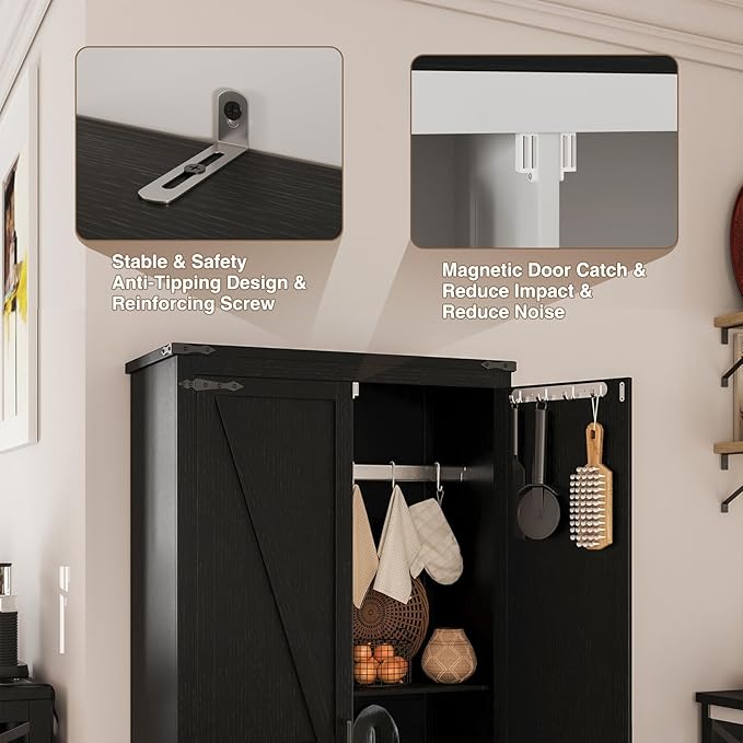 Black Farmhouse Storage Cabinet with Adjustable Shelves, Large Pantry Organize with 2 Barn Doors, Tall Freestanding Cabinet for Kitchen, Bathroom, Garage, Basement, Living, Utility Room