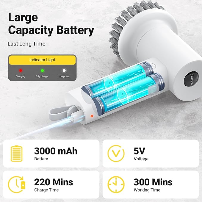StarVal Electric Spin Scrubber, 3000 mAh Cordless Power With 8 Replaceable Heads, Dual Speed Lightweight Handheld for Cleaning Stove/Bowl/Sink/Corner/Tile/Grout (White)