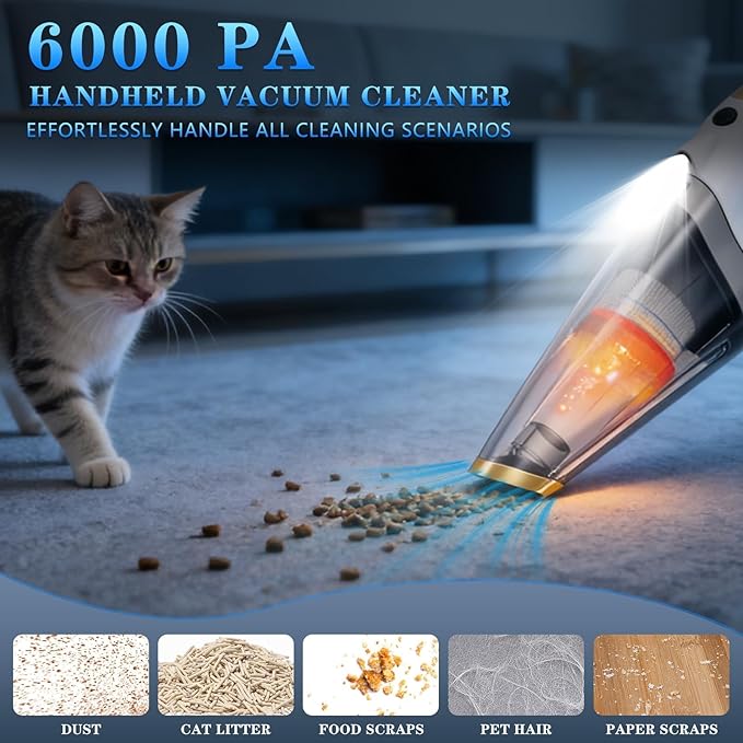 XGJUCE Handheld Vacuum Cordless,Car Vacuum Portable Cordless Rechargeable Hand Vacuum with LED Light, 6kpa Powerful Suction with Three Types of Suction Heads and Filters for Cat/Home/Office Cleaning