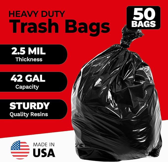 ToughBag 42 Gallon Trash Bags, 2.5 Mil Contractor Garbage Bags (50 COUNT) Heavy Duty Black Garbage Can Liners, 38 x 48" - Construction, Lawn, Industrial, Leaf - Made in USA