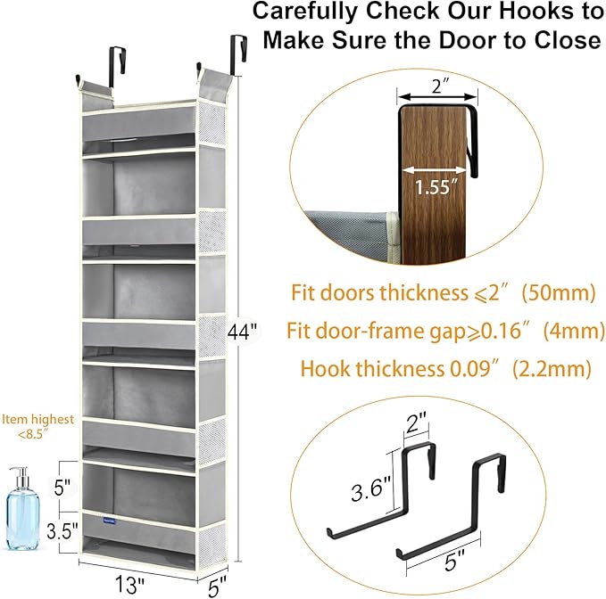 roomtalk 2 Pack Over The Door Hanging Organizer 5-Shelves and 10 Side Pockets, Over The Door Storage for Bathroom and Bedroom, Back of Door Organizers for Baby Products and Kid's Toys(13"x5"x44" Grey)