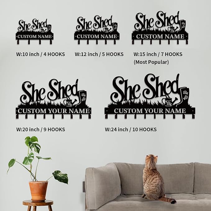 Personalized She Shed Metal Keys Hooks,Custom Name Metal She Shed Keys Hooks,Black Metal She Shed Wall Home Storage Decorative Keys Hooks,Key Holder Hooks for Wall (Style G)
