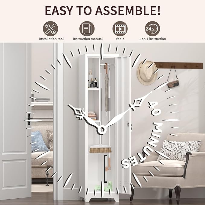 Slim Broom Closet Storage Cabinet, 65" H Metal Cabinets with Locking Door and Shelves & S-Hooks, Utility Closet, Narrow Storage Cabinets for Home Office, Pantry, Bathroom, Garage, White