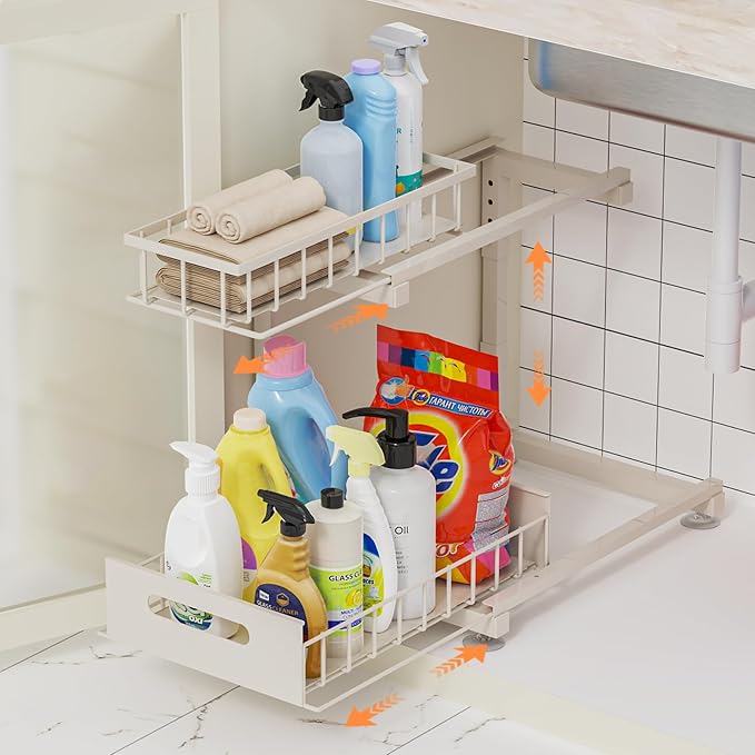 Toyear Under Sink Organizer, Heavy Duty Metal Pull Out Cabinet Organizer Slide Out Sink Shelf Organizer Height Adjustable, Multi-Purpose Storage Shelf for Kitchen Bathroom(Sand,1Pack)