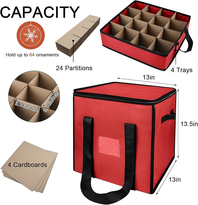 Christmas Ornament Storage Box with Dividers, Christmas Balls Storage Containers with Zipper & 4 Removable Trays - Holds Up to 64 Balls - 600D Oxford Christmas Decoration Storage Organizer (Red)