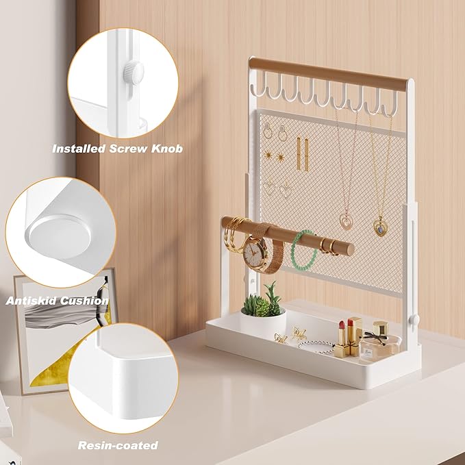 IOAIANIA Jewelry Organizer Stand, Liftable Necklace Holder with Earring Organizer Net, 9 Hooks Necklaces Storage Wooden Handing Bar for Bracelets Watches Rings (White)